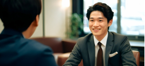 スーツを着た男性が笑顔で相談している