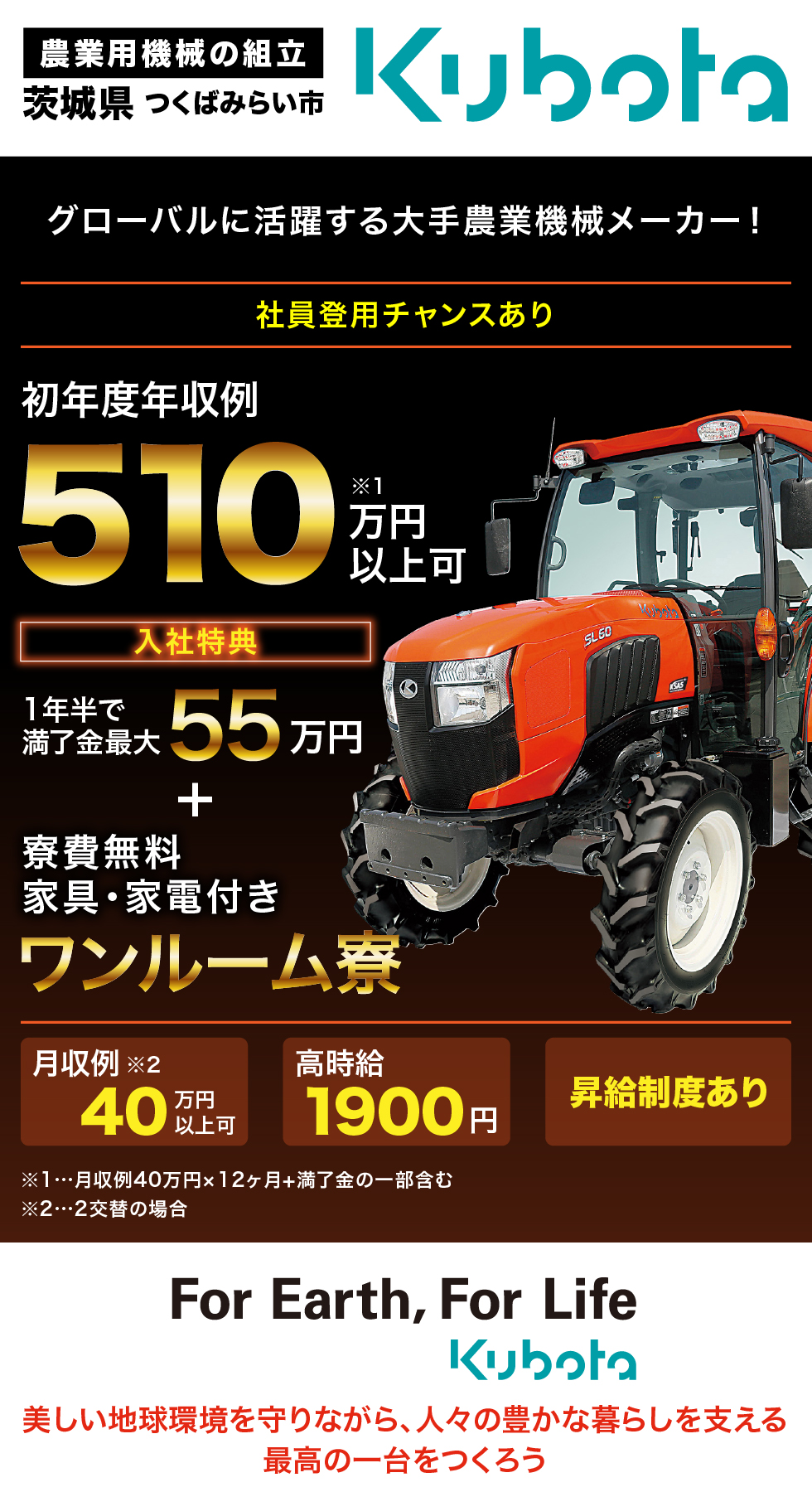 Kubota 農業用機械の組立 茨城県 つくばみらい市 グローバルに活躍する大手農業機械メーカー！ 社員登用チャンスあり 初年度年収例510万円以上可　入社特典　1年半で満了金最大55万円＋寮費無料／家具・家電付きワンルーム寮　月収例40万円以上可　高時給1900円　昇給制度あり ※1…月収例40万円×12ヶ月+満了金の一部含む ※2…2交替の場合 高時給1900円「For Earth, For Life」美しい地球環境を守りながら、人々の豊かな暮らしを支える最高の一台をつくろう