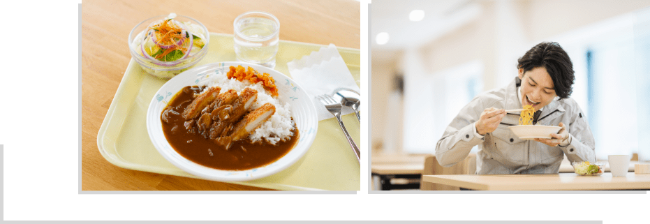 食事の画像と食堂で食べる男性